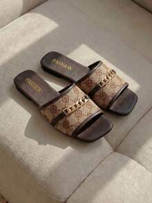 Resyla [休闲平底凉鞋] 女士平底凉鞋，带链条扣，露趾，一脚蹬，TPR 鞋底 - 适合海滩 - 棕色 - 查看 4