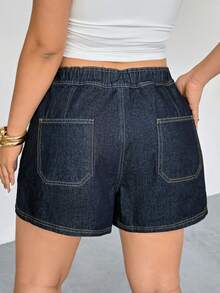 Firerie Plus Size Women's Navy Blue Denim Skort,High Waist Wrap Front Asymmetric Hem Skirt With Built-In Shorts & Pockets,Summer Smart Casual Everyday Outfit - Blue - View 3