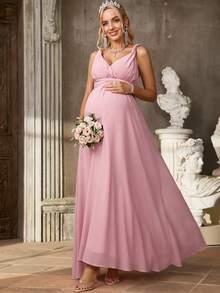 SHEIN Pink Summer Elegant Maternity Dress For Photoshoot,Pregnant Wedding Clothes,Solid Color Ruched Design Comfortable Camisole Dress - Pink - View 8