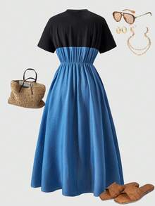 Teen Girls Knit Crew Neck T-Shirt With Denim Effect Woven Patchwork Dress - Multicolor - View 2