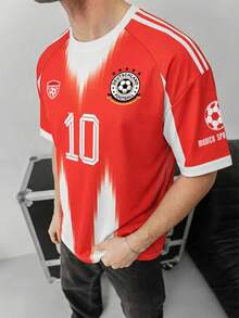 Aesthetic Post 红白撞色渐变线条设计，经典球衣元素重现，胸前印有10号球员号码，球队星形标志，男士图案T恤，女士图案T恤，男士时尚运动夹克，足球/橄榄球装备 - 彩色 - 查看 4