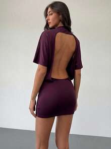 Aloruh Purple Elegant Knit Backless Mini Dress, Loose Top & Tight Bottom For Women - Purple - View 6
