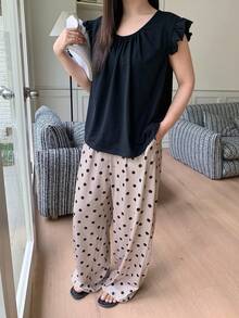 Dazy Plus 2pcs Solid Color Fitted Cap Sleeve Top And Polka Dot Long Pants Cute Pajama Set, Spring/Summer - Black - View 5