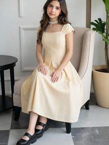 Tween Girl Elegant Sleeveless Wide Strap Ruched Flared Dress,Apricot White Summer Party,Girls Formal Modest Cream Long Beige Classy Spring Dresses - Apricot - View 4