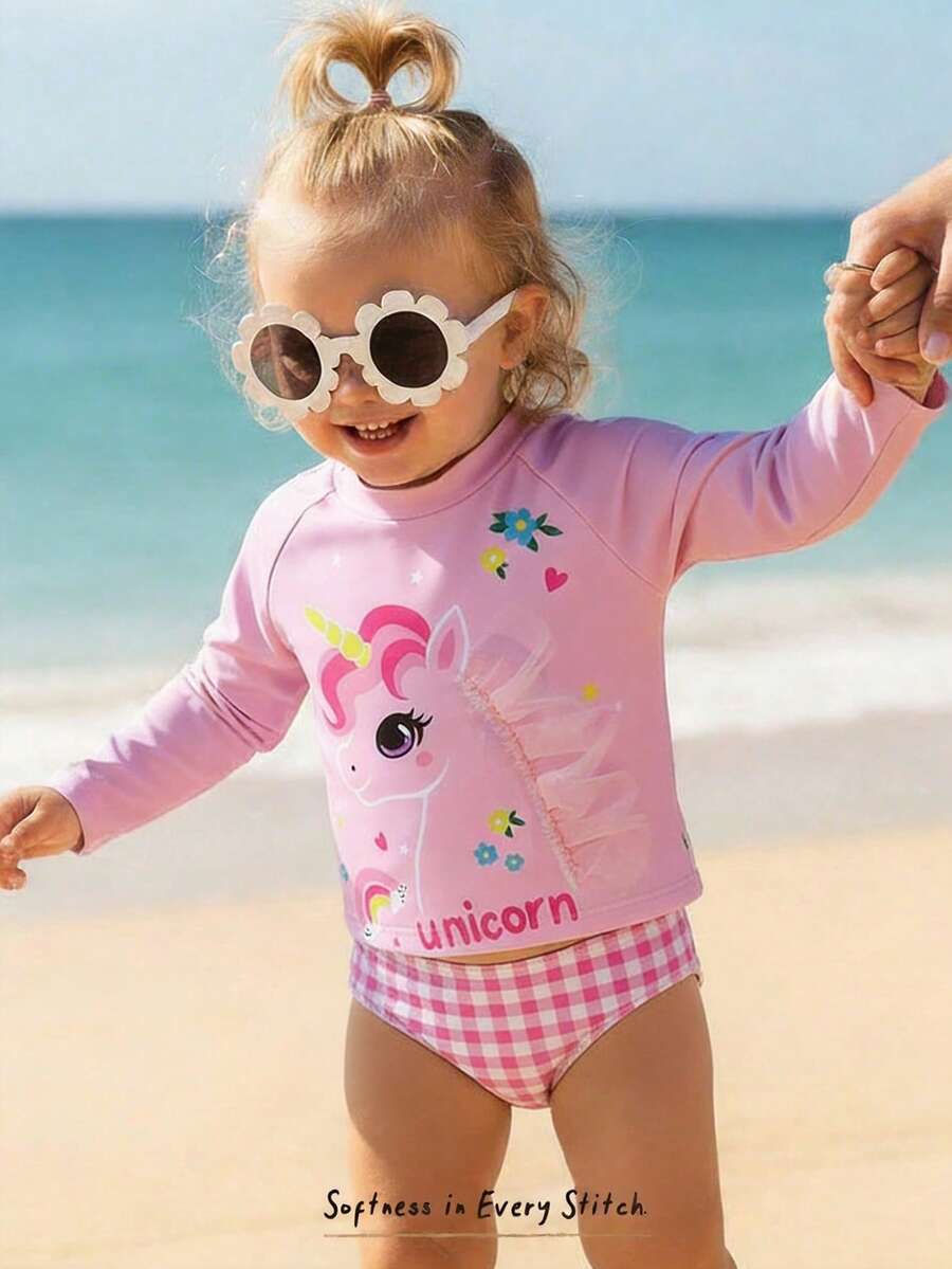 Cozy Pixies 2pcs/Set Baby Girl Cute Casual Pink Cartoon Pony Pattern 3D Mesh Long Sleeve Top And Plaid Shorts Swimsuit - Multicolor - View 1