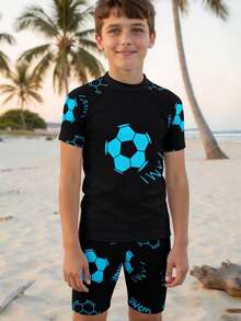 SHEIN Tween Boy Casual Glow-In-The-Dark Basketball Pattern Tankini 2 Pieces Swimsuit, Suitable For Spring/Summer, Beach, Vacation, Date - Multicolor - View 3