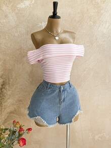 Soleia Pink Striped Off-Shoulder Knit Top For Women - Multicolor - View 5