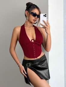 SHEIN ICON Women's Fashionable Sexy Solid Color Halter Backless Camisole - Burgundy - View 7