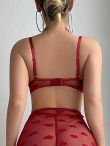 两件套蕾丝拼接爱心网纱长裙和丁字裤套装，度假派对 - 酒紅色 - 查看 2