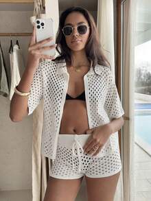 SHEIN Cardigans en tricot et shorts pour femmes - Nude - Voir 8