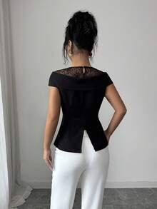 Elenzga 女士黑色露肩蕾丝水钻装饰圆领常规长度上衣 - 黑色 - 查看 2