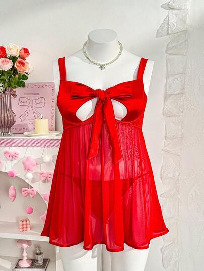 2pcs Set: Cute Bow-Tie Bust Strap & Sexy Mesh Slip Dress For Women