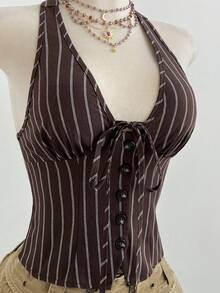 Elamini Brown Striped Organic Cotton V-Neck Halter Backless Tie-Waist Button-Front Cropped Shirt, Women's Spring/Summer , Minimalist, Office, Vacation, Retro Elegant, Versatile - Brown - View 6