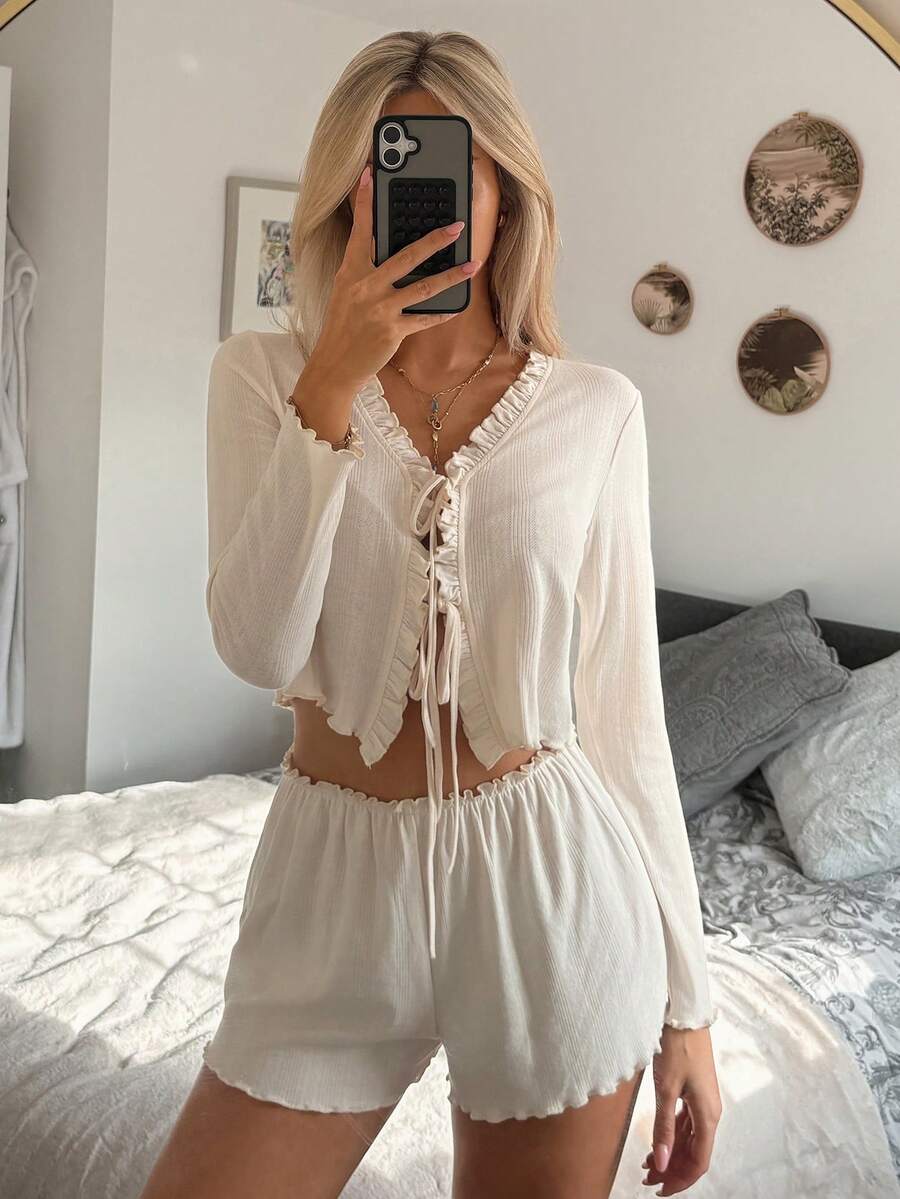 DAZY Conjunto de pijama de mujer con nudo delantero y volantes de punto jacquard, primavera/verano - Beis - Ver 1