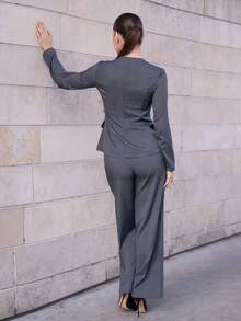 Andrea Bello Women's Elegant Commuter Daily Versatile Street Fashion New Asymmetric Lapel Button Waist Long Sleeve Blazer And High Waist Long Pants Khaki Gray 2 Pieces Suit Set,Fall,Fall Clothes For Women - Dark Grey - View 2