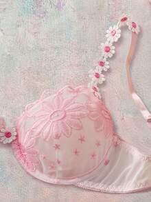 2pcs Women Sexy Underwear Bra & Panty Lingerie Set With Embroidery Lace - Pink - View 4