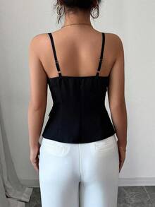 Elenzga 女士弹性可调节肩带 A 字形下摆开衩吊带背心，黑色 - 黑色 - 查看 3