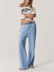 MISSGUIDED Casual Light Drawstring Wide Leg Joggers With Button Front Detail - Blue - View 1