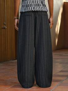 AKNOTIC Business Casual 男士宽松休闲裤，春夏新品，日常时尚男友风搭配，街头风黑白条纹裤 - 黑與白 - 查看 6