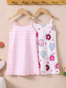 SHEIN GraphicGems Bộ đồ ngủ 2 món cho bé gái, màu trắng và hồng, thoải mái, ngọt ngào, dễ thương, in hình thỏ, áo hai dây dệt kim, váy mặc nhà. - Nhiều màu - Xem 2