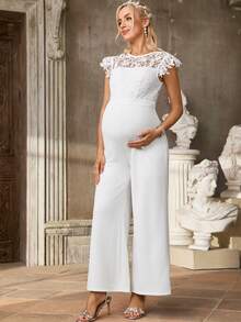 SHEIN Mono de maternidad de pierna ancha con unicolor y encaje de contraste - Blanco - Ver 5