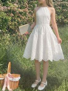 Serisse Kids 少女休闲/春夏白色刺绣露背吊带连衣裙，适合青少年女孩，白色毕业礼服，夏季服装，太阳裙，波西米亚风，度假连衣裙 - 白色 - 查看 5