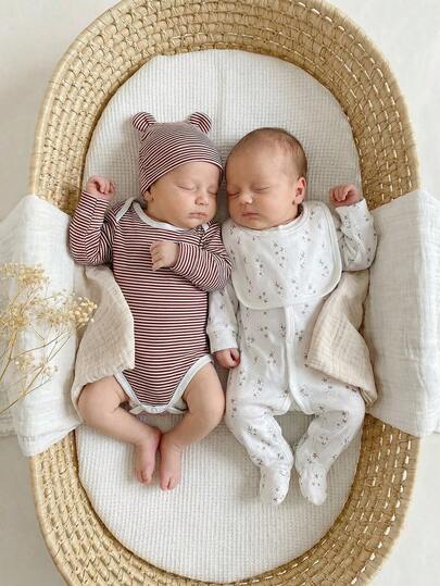 4pcs Newborn Baby Set, Includes: Fashionable Coffee Striped Long Sleeve Jumpsuit, Cute Star & Moon Print Long Sleeve Footie Pants, Bib, And Ear Hat, Infant Unisex Casual Layette Set Newborn Sets Newborn Clothes Unisex Neutral Baby Gift Sets Newborn