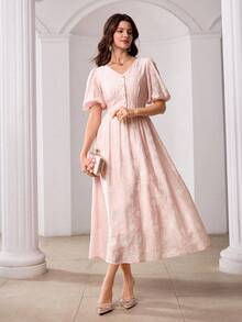 Modelyn V-Neck Puff Sleeve Jacquard Front Button Closure Pink Dress - Pink - View 6