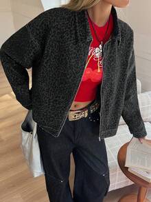 Livesso Women's Leopard Print Loose Casual Denim Jacket - Grey - View 7