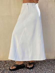 Livesso 女士休闲纯白色口袋牛仔迷你裙，春夏款 - 米色 - 查看 3