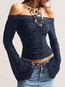 Bohemela 波西米亚复古休闲纯色针织蕾丝露肩喇叭袖修身女式上衣 - 藏蓝色 - 查看 3