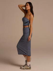 Fluxe 女士条纹露脐抹胸上衣和迷你裙休闲两件套 - 藍白色 - 查看 7