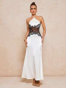 Lumalex 女士优雅性感撞色蕾丝拼接露背连衣裙 - 象牙白色 - 查看 11