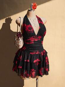 SHEIN ICON 大码波点花卉图案露背褶皱腰身多层网纱连衣裙，夏季度假 - 彩色 - 查看 4