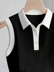 Franclia Áo tank top không tay phối màu tương phản thời trang nữ - Đen và trắng - Xem 3
