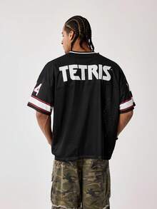 Tetris™ X SHEIN Men's Letter & Number Print V-Neck Casual Short Sleeve T-Shirt, Summer - Black - View 2