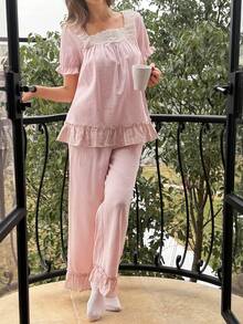 DAZY 女士甜美荷叶边刺绣花卉拼接花瓣袖睡衣套装，夏季 - 粉色 - 查看 3