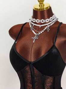 Amplova 女士性感蕾丝拼接荷叶边修身迷你吊带裙，夏季 - 黑色 - 查看 3