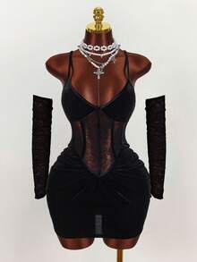 Amplova 女士性感蕾丝拼接荷叶边修身迷你吊带裙，夏季 - 黑色 - 查看 8