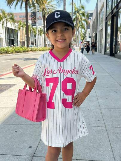 Young Girls' Casual Sports Street Chic Babydoll Striped Number Print Loose Dress