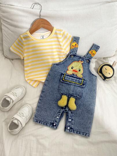 SHEIN Playful Pals 2pcs/Set Baby Boys Round Neck Yellow & White Striped Short Sleeve Basic T-Shirt + Washed Blue Denim Casual Cute Outfit, Suitable For Summer Outings, Playground And Various Occasions
