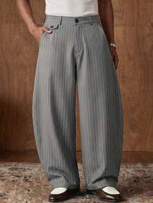SWAVVY Men's Striped Casual Straight Loose Pants With Pockets - Grey - View 4
