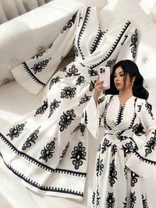 Elenzga Vestido largo de mujer con diseño de envolvente en la cintura, cuello en V y mangas acampanadas, estampado floral retro, para primavera - Multicolor - Ver 3