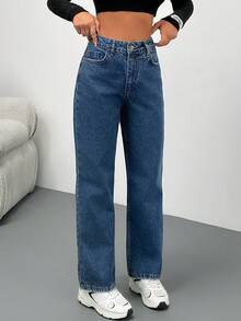 Rafferiza Vintage Casual High Waist Tapered Denim Jean - أزرق متوسط - مشاهدة 4