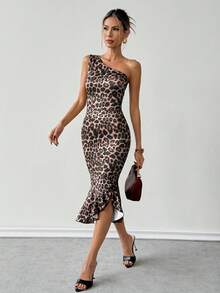 Ritzy Row Women's Spring And Summer Leopard Print One-Shoulder And Hip Dress Features A Sexy One-Shoulder Design And Classic Leopard Print. It Has A Slim Waist And A Slit Ruffled Hem. It Is Full Of Hot Girl Style And Is Suitable For Parties, Nightclubs, Dates And Retro Hot Girl Style Dressing Scenes. Women's One-Shoulder Dress, Leopard Print Hip Skirt, Sexy One-Shoulder Design, Sexy Dress, Slit Ruffled Hem, Hot Girl Style Women's Clothing, Party And Dinner Wear, Date Outing Dress, Retro Leopard Print Long Skirt, Sexy Hip Skirt. - Multicolor - View 3