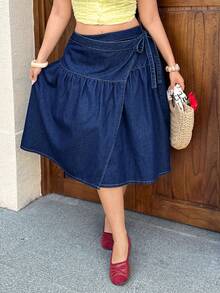 GalTyme Chân váy chữ A bằng vải denim thắt nút bên hông dành cho nữ cỡ lớn, thích hợp cho mùa xuân/hè. - Màu xanh lam - Xem 6