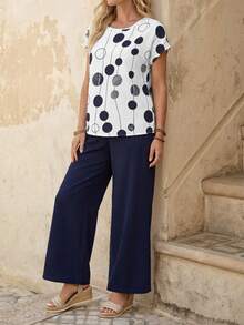 EMERY ROSE 2pcs Women's Vacation Casual Polka Dot Print Top And Pants Set - Multicolor - View 1