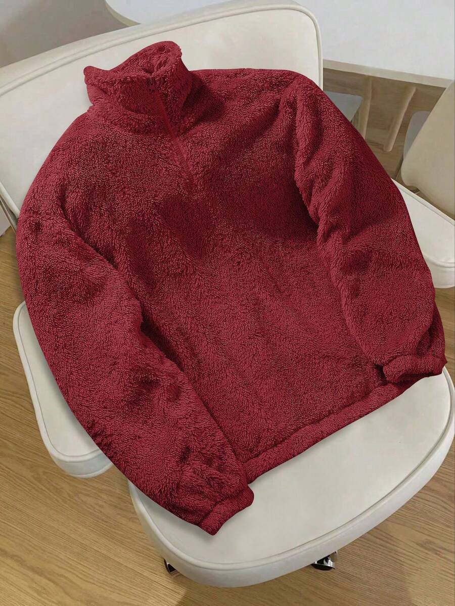 Manfinity Hypemode Men's Solid Color Fleece Zip-Up Loose Fit Sweatshirt - Burgundy - View 1