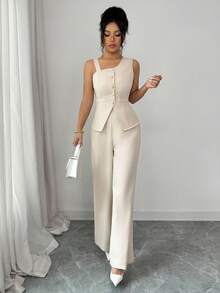 SHEIN Elenzya Bộ đồ nữ mùa hè thanh lịch, thoáng khí, cài cúc phía trước, gồm áo và quần. - Màu be - Xem 4