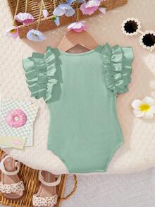 SHEIN Newborn Baby Girl Cute Summer Red Ruffled Romper - Green - View 2